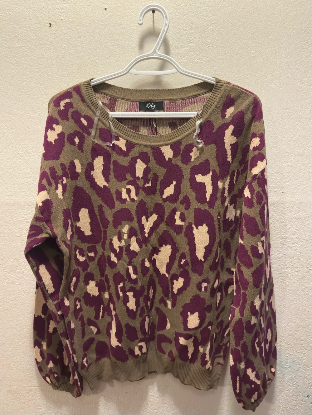Only Leopard-Print Crewneck Sweater in Olive, Purple & Cream